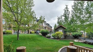 Un quartier résidentiel avec une pelouse bien entretenue, un petit chalet en bois et, au loin, des immeubles à plusieurs étages.