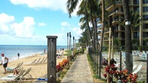 Un hotel frente a la playa con un camino bordeado de palmeras y sillas de descanso, que conduce a una zona de piscina.