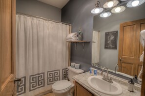 Combined shower/bathtub, hair dryer, towels, soap