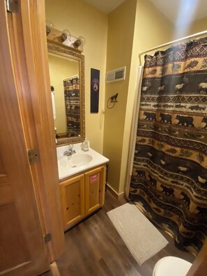A bathroom with a wooden vanity, a sink, a mirror, a shower curtain with animal prints, and a small rug. - Secluded! Private! Come to LAZY BEAR to get away from it all! Large Hot Tub! (Sevierville)