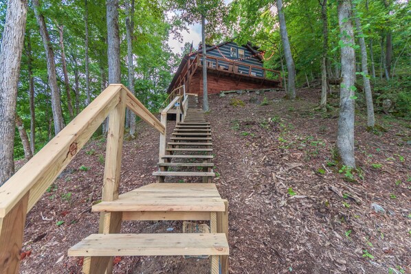 Una scala di legno conduce a una baita in una foresta.
