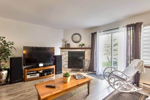 Smart TV, fireplace, DVD player, stereo