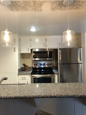 Microwave, dishwasher, coffee/tea maker, cookware/dishes/utensils