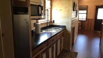 Fridge, microwave, coffee/tea maker, toaster