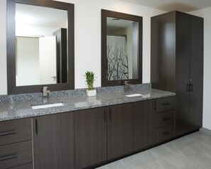 Hair dryer, towels, soap, shampoo