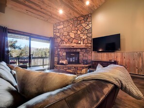 Smart TV, fireplace, video games, DVD player