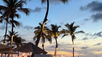 A waterfront area with palm trees, a covered seating area, and a view of the water.