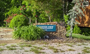 Segnaletica per Canyon View Treehouse con sfondo naturale.