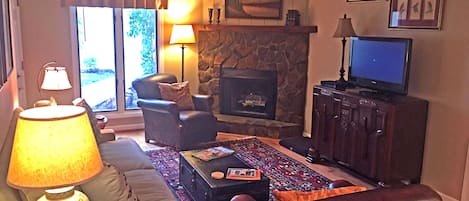 TV connectée, cheminée, lecteur de DVD
