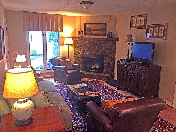 Smart TV, fireplace, DVD player