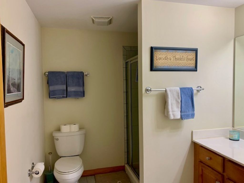 Ein Badezimmer mit Toilette, zwei Handtüchern, einem gerahmten Motivationsspruch und einer Duschkabine.