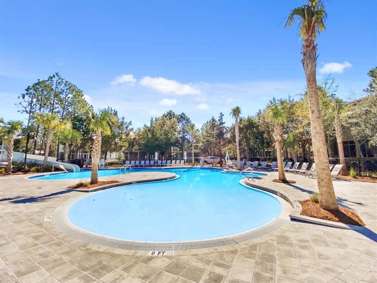 Una piscina con bordo curvo, circondata da palme e poltrone da relax.