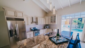 A modern kitchen with a marble countertop, stainless steel appliances, and a view of the pool. - 5 BDR, 6 BATH LUXURY VILLA WALK TO RITZ , MARRIOTT & PALM BEACH (Noord)