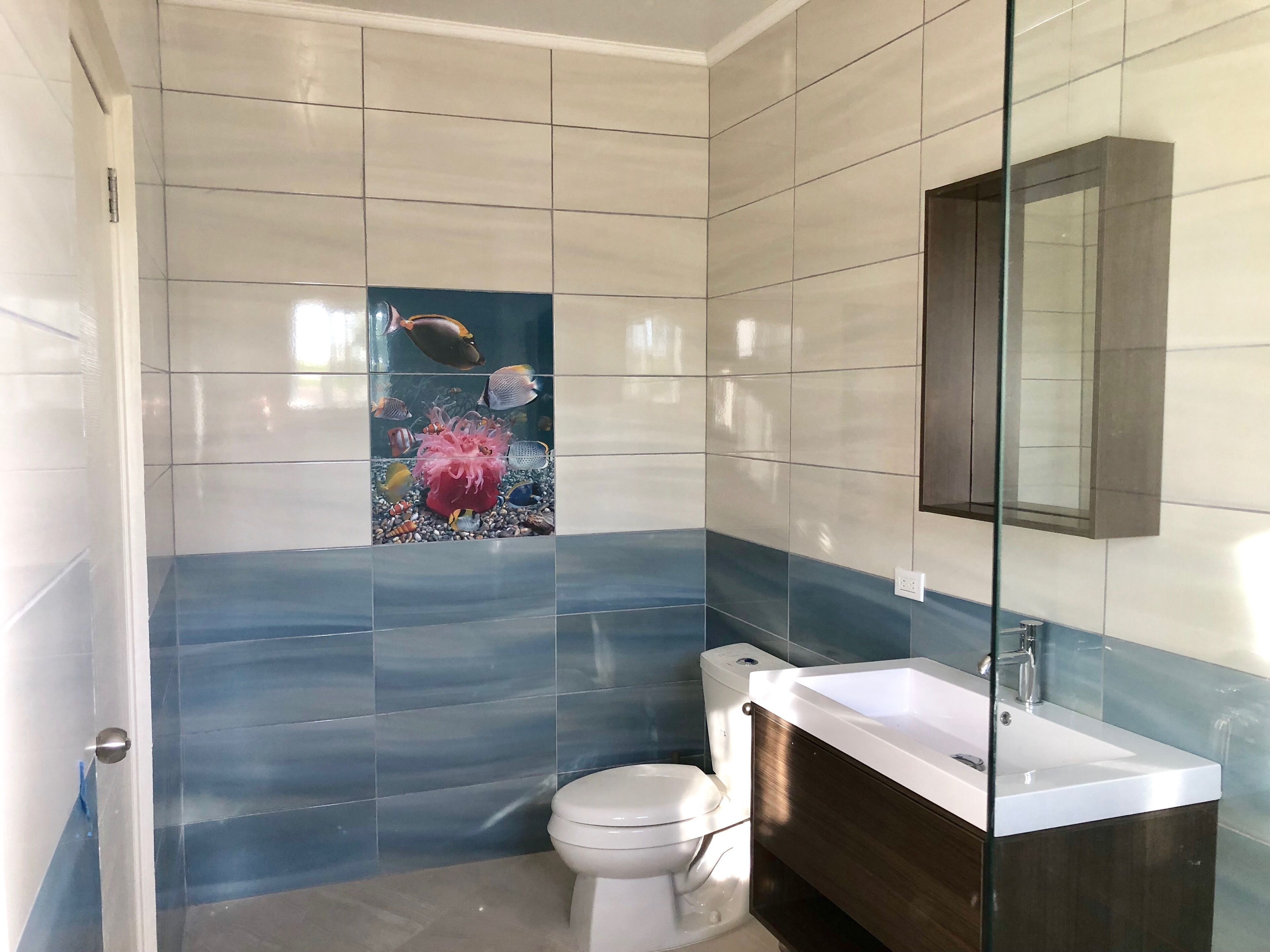 Un baño con cabina de ducha de vidrio, inodoro blanco y tocador con espejo.