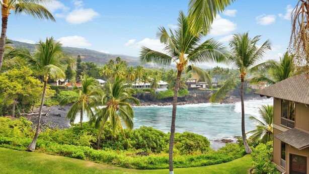 Un resort tropical con vista al océano, palmeras y exuberante vegetación.