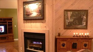 Una sala de estar con chimenea, televisor y un mueble con huellas de patas.