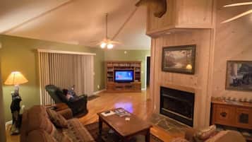 Smart TV, fireplace, DVD player, books