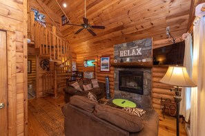 Smart TV, fireplace, DVD player, books