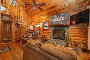 Smart TV, chimenea, reproductor de DVD y libros 