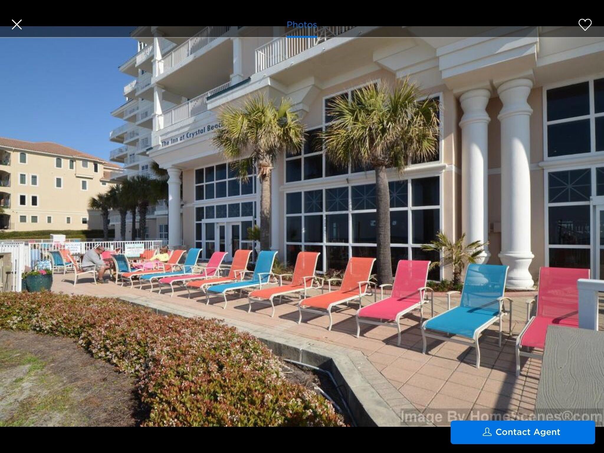 A hotel with a pool area featuring sun loungers and palm trees.