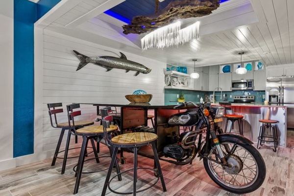Motorcycle Dinning Room Table, Custom Cabinets, Ship Lap Walls and Ceiling
