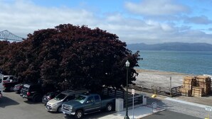 Um parque de estacionamento com carros, uma árvore e vista para a água.