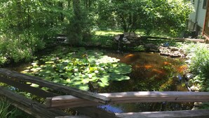 A pond with lily pads and koi fish, surrounded by lush greenery and a wooden fence.