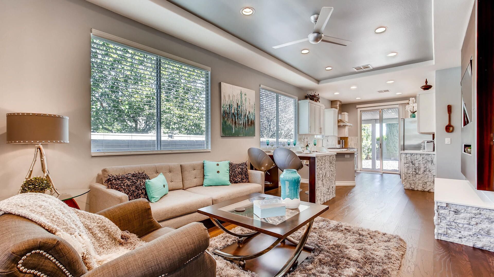 Freshly remodeled fully furnished home with 2 bds, 2 ba, and large office