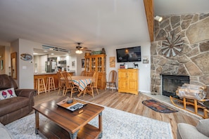 TV, fireplace, table football