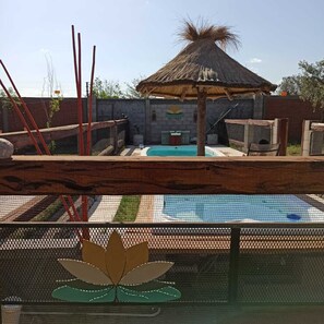 Seasonal outdoor pool, pool umbrellas