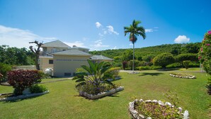 A house with a well-maintained lawn, a palm tree, and various garden beds.