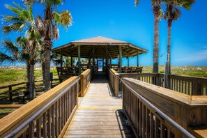 Walk along the boardwalk to the covered pavilion, flanked by palm trees and benches.
