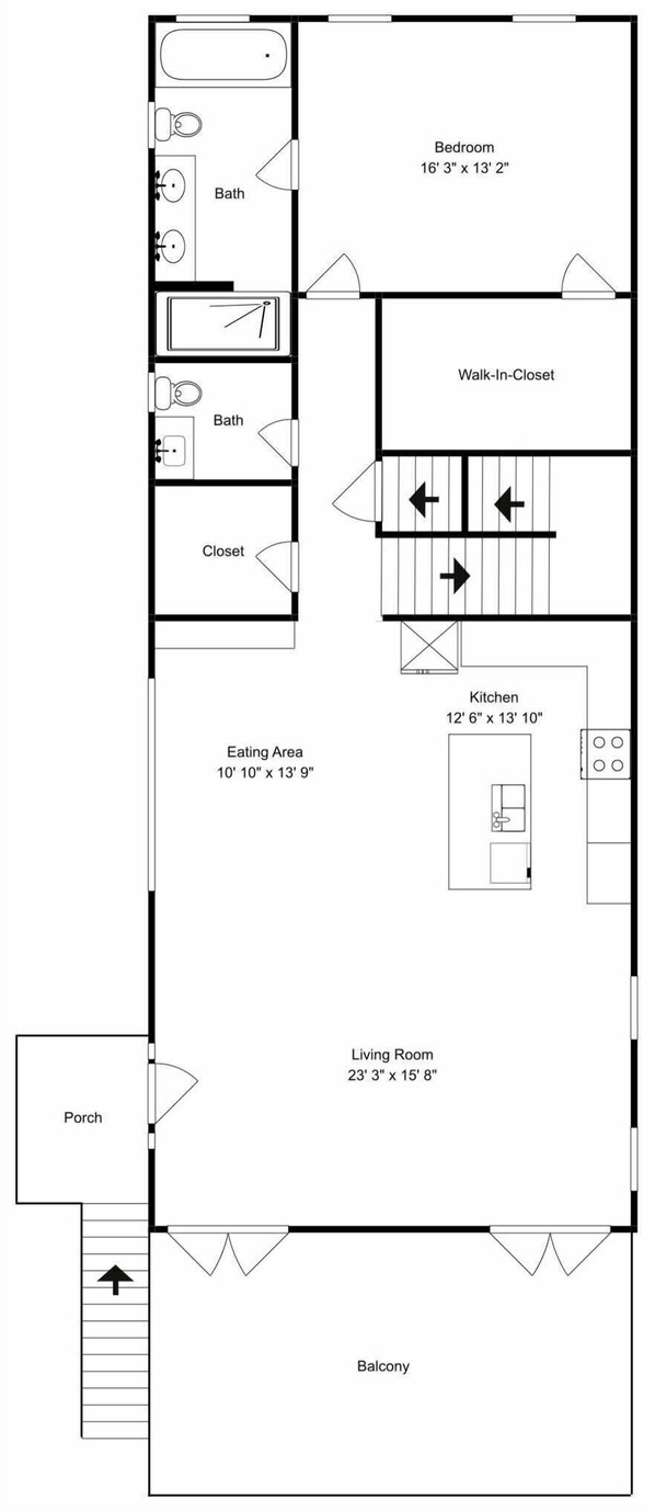 Un plan d’étage comprenant une chambre, un dressing, une cuisine, un salon, un coin repas et un balcon.