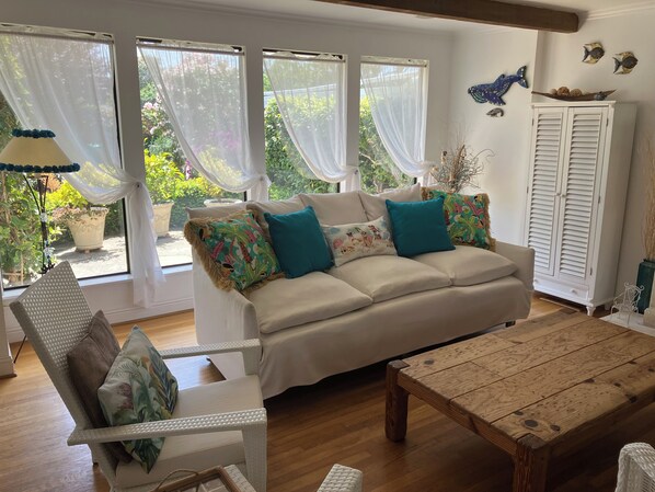 Smart TV, fireplace, DVD player, books