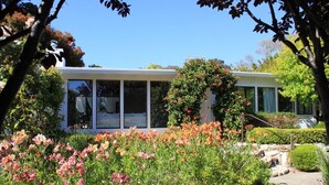 Une maison moderne dotée de grandes fenêtres, entourée d’un jardin où poussent différentes sortes de fleurs et de plantes.