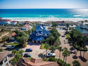 A coastal residential area with houses, a beach, and a parking lot. - UNBELIEVABLE GULF VIEWS ,STEPS TO THE SAND...PERFECT VACATION HOME !! (Destin)