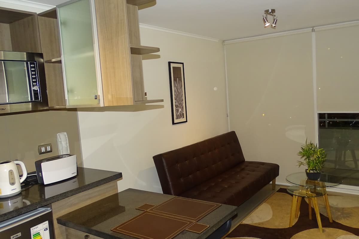Ein modernes Wohnzimmer mit einem braunen Sofa, einem Glastisch und einer Küchenzeile inklusive Mikrowelle und Wasserkocher.