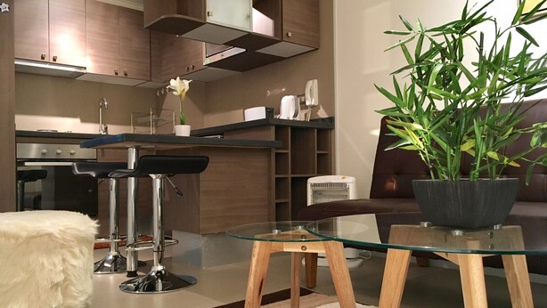 A modern kitchen with a built-in oven, a dining area with a glass table and chairs, and a potted plant. - Moneda Express Apart (Santiago)