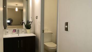 Un baño con un lavamanos blanco, muebles oscuros, un espejo, una planta en maceta y un inodoro.