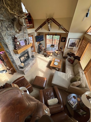 Smart TV, fireplace, books