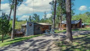 A rustic cabin with a gravel driveway, surrounded by tall pine trees. - Happy Days Inn | Your Happy Place in the Pines w/ Hot Tub,Views & Pet Friendly (Ruidoso)
