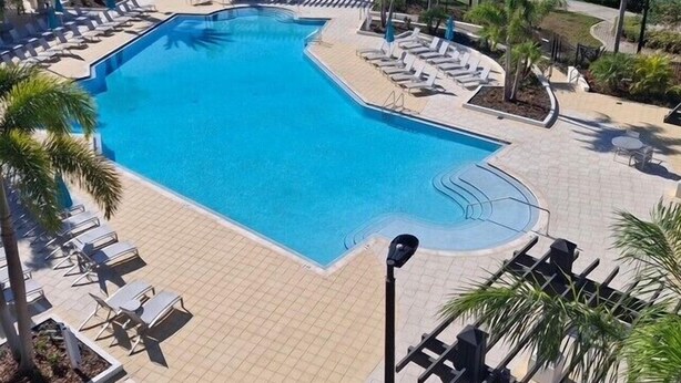 Una amplia piscina con tumbonas y sombrillas, rodeada de palmeras y vistas a un lago.
