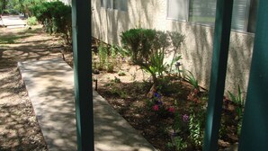 A garden area with a concrete pathway, various plants, and a small water feature. - Two Bedroom One Bath Apartment(sleeps no more than 4) (Mariposa)