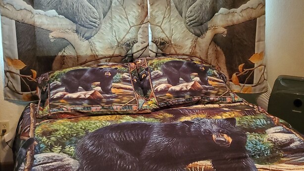 A bed with a bear-themed duvet cover and a headboard with a bear design. - Two Bedroom One Bath Apartment(sleeps no more than 4) (Mariposa)
