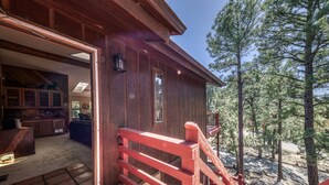 A cabin with a wooden exterior, a porch with a red railing, and a view of pine trees.