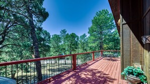 A wooden deck with a metal railing, overlooking a forested area.