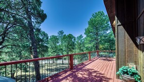 Una terraza de madera con barandilla de metal, con vistas a un área boscosa.