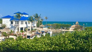 A resort with a large building, palm trees, and a beach. - Ocean Front 2/2 Condo,OCEAN FRONT/MARINA VIEW,Tavernier/Key Largo Fl. Fla.Keys (Tavernier)