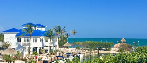 Um resort com um edifício grande, palmeiras e uma praia.