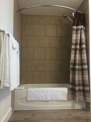 Combined shower/bathtub, hair dryer, towels